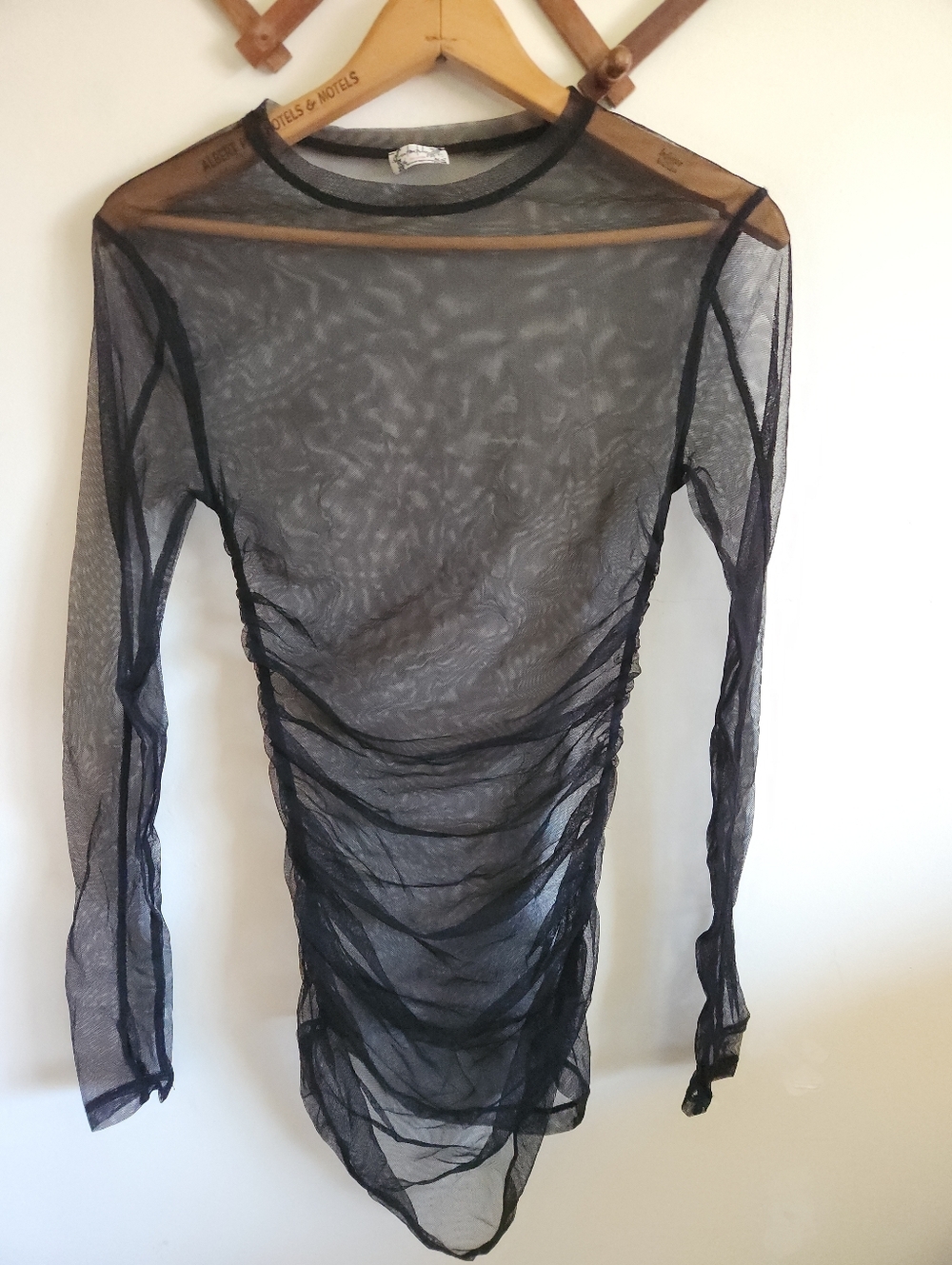 Intimately Free People Sheer Ruched Long Sleeve Mesh Mini Dress Black Stretch Sm